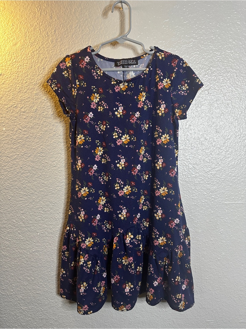 Girls Trixxi Navy Floral Short-Sleeve Ruffle-Hem Dress Size Small
